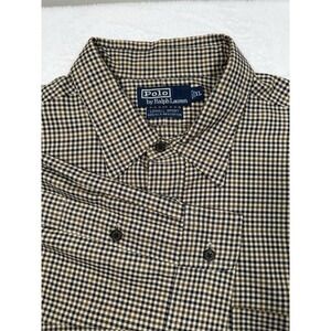 Polo Ralph Lauren Shirt Mens XL Brown Blue Check Lowell Sport Silk Cotton Dressy